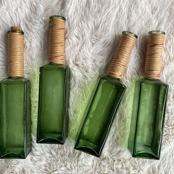 Recycled Glass Bottle With Raffia Around The Neck And Stopper 11” - Picture 2 of 6